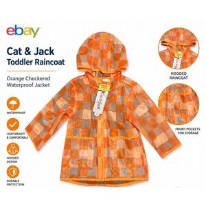 Cat & Jack Toddler Rain Jacket 12M Smiley Face Orange Checkered Hooded WindWater